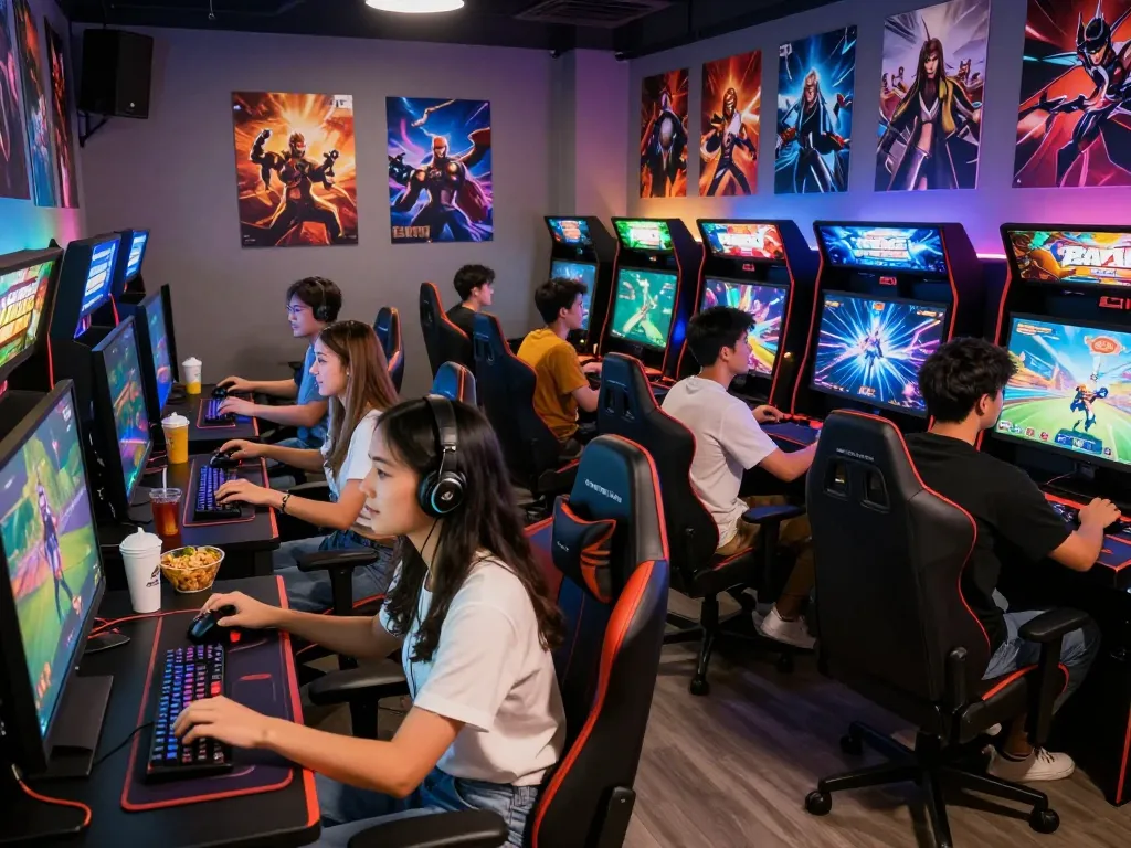 Cổng game Five88 gaming experience in a vibrant lounge with friends enjoying console games.