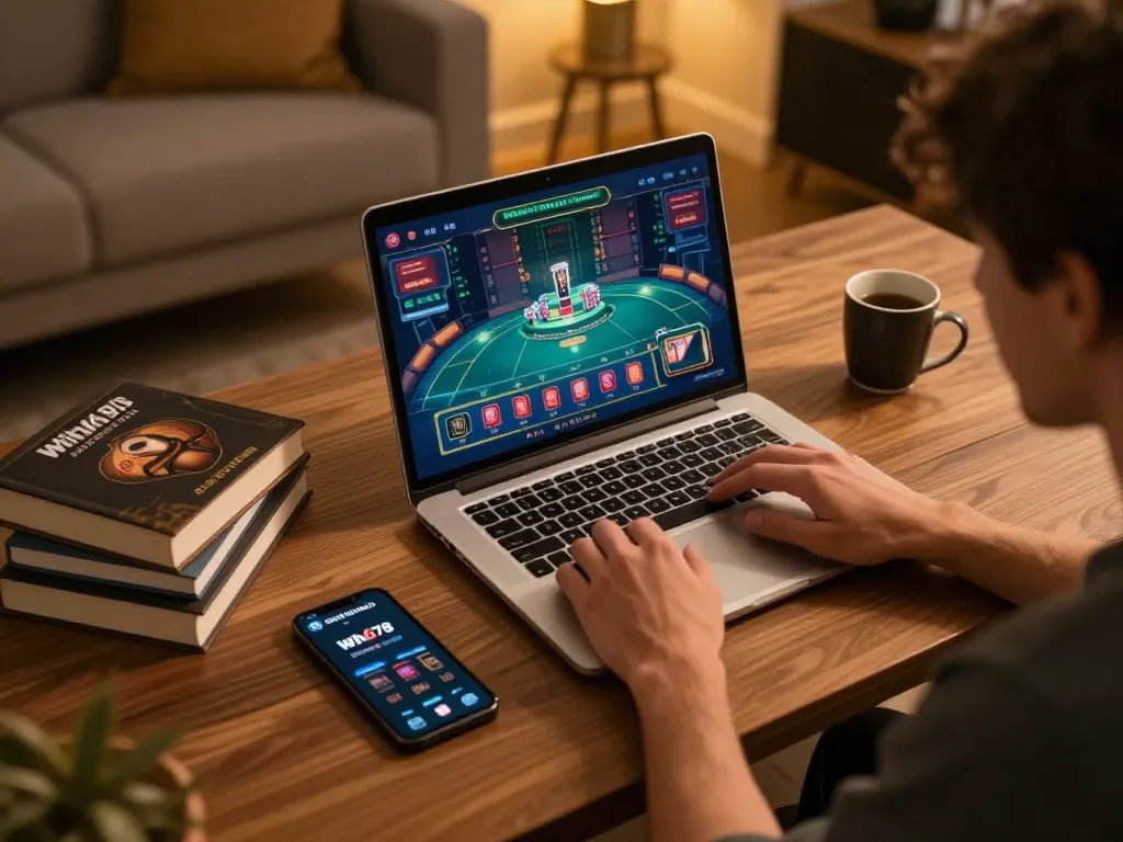 Person gaming on win678 com in a cozy home setup, focused on strategic betting.