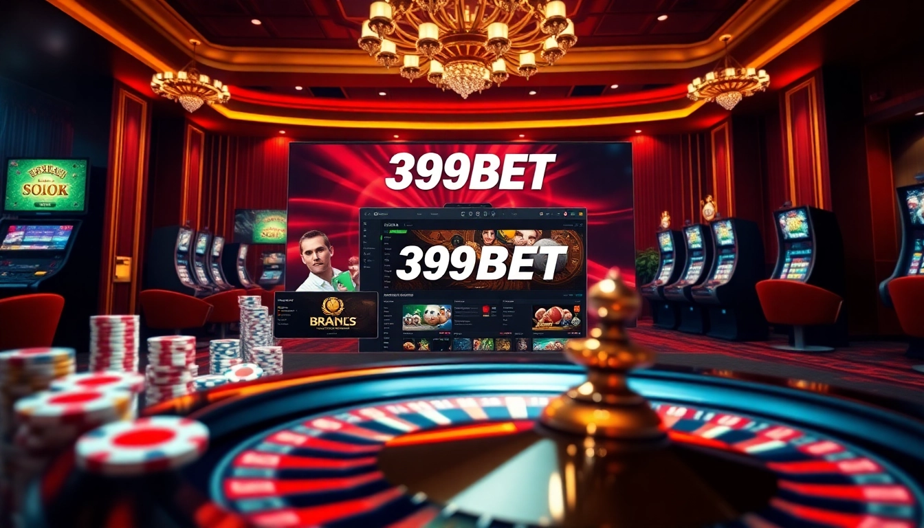 Engaging 399BET online gambling interface with poker chips and slot machines showcasing excitement.