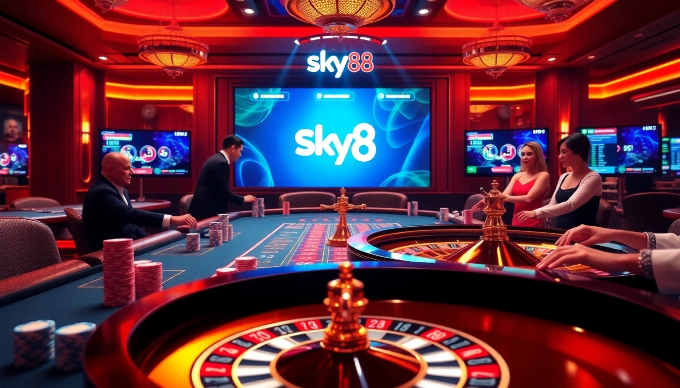 Sky88 online casino scene depicting vibrant gambling action with luxury elements.