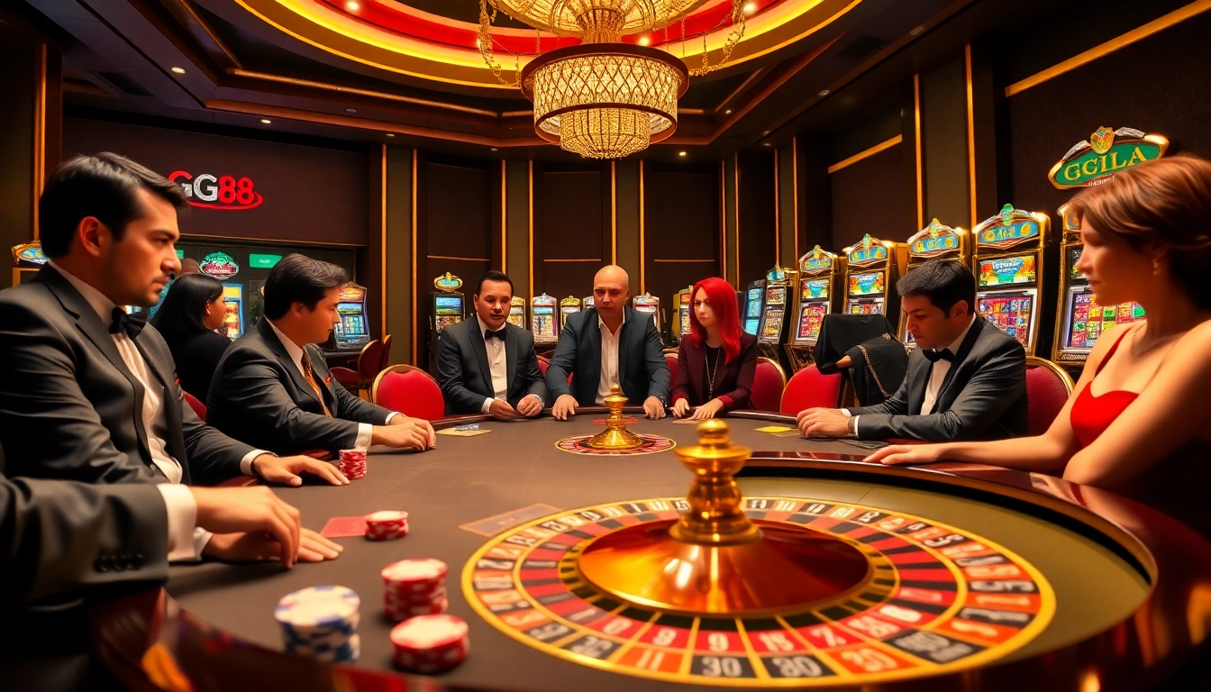 Experience the excitement at GG88 with a luxurious casino scene featuring poker and roulette tables.