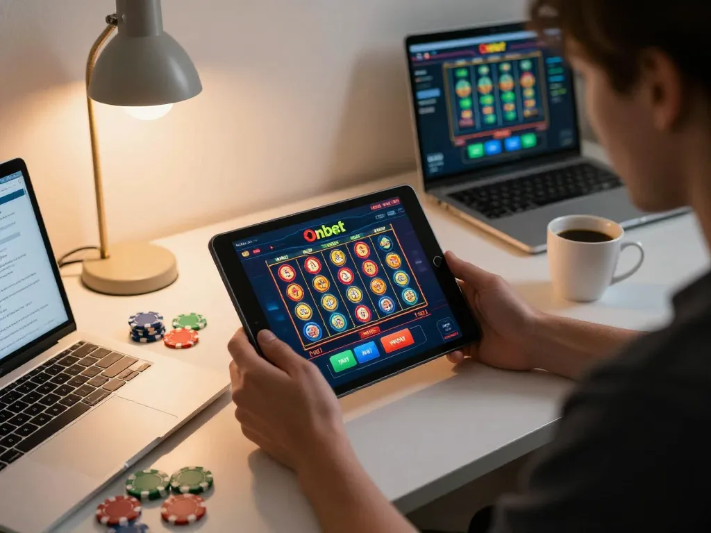 Onbet player engaging with casino interface on tablet, showcasing online gaming strategy
