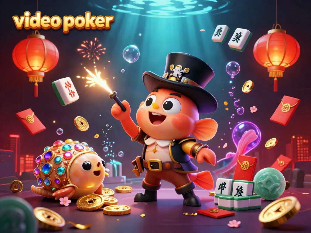 Engage in thrilling video poker with vibrant casino-themed characters and elements.