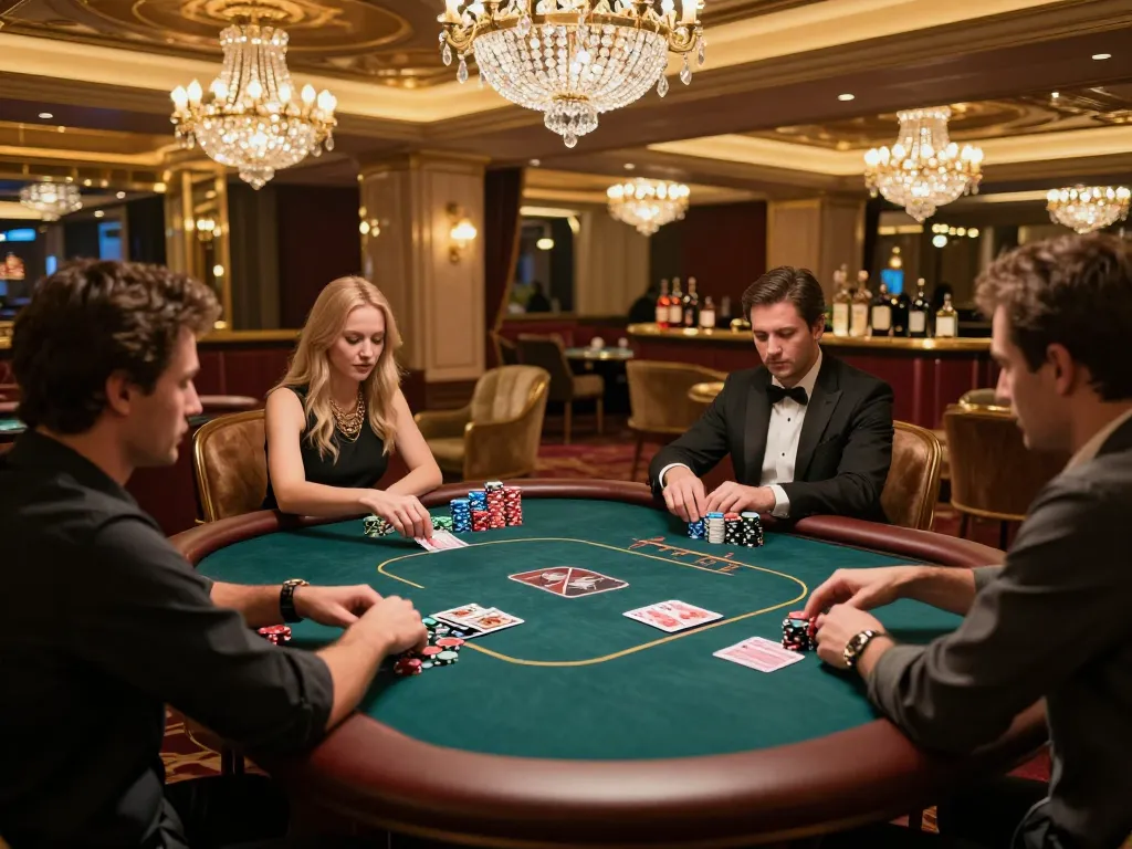 7M Casino VIP gaming area with players engaged in poker, luxurious ambiance and strategic gameplay.