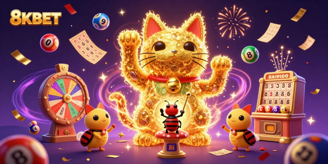 Experience big wins with engaging 8KBET-themed casino illustrations featuring vibrant game elements.