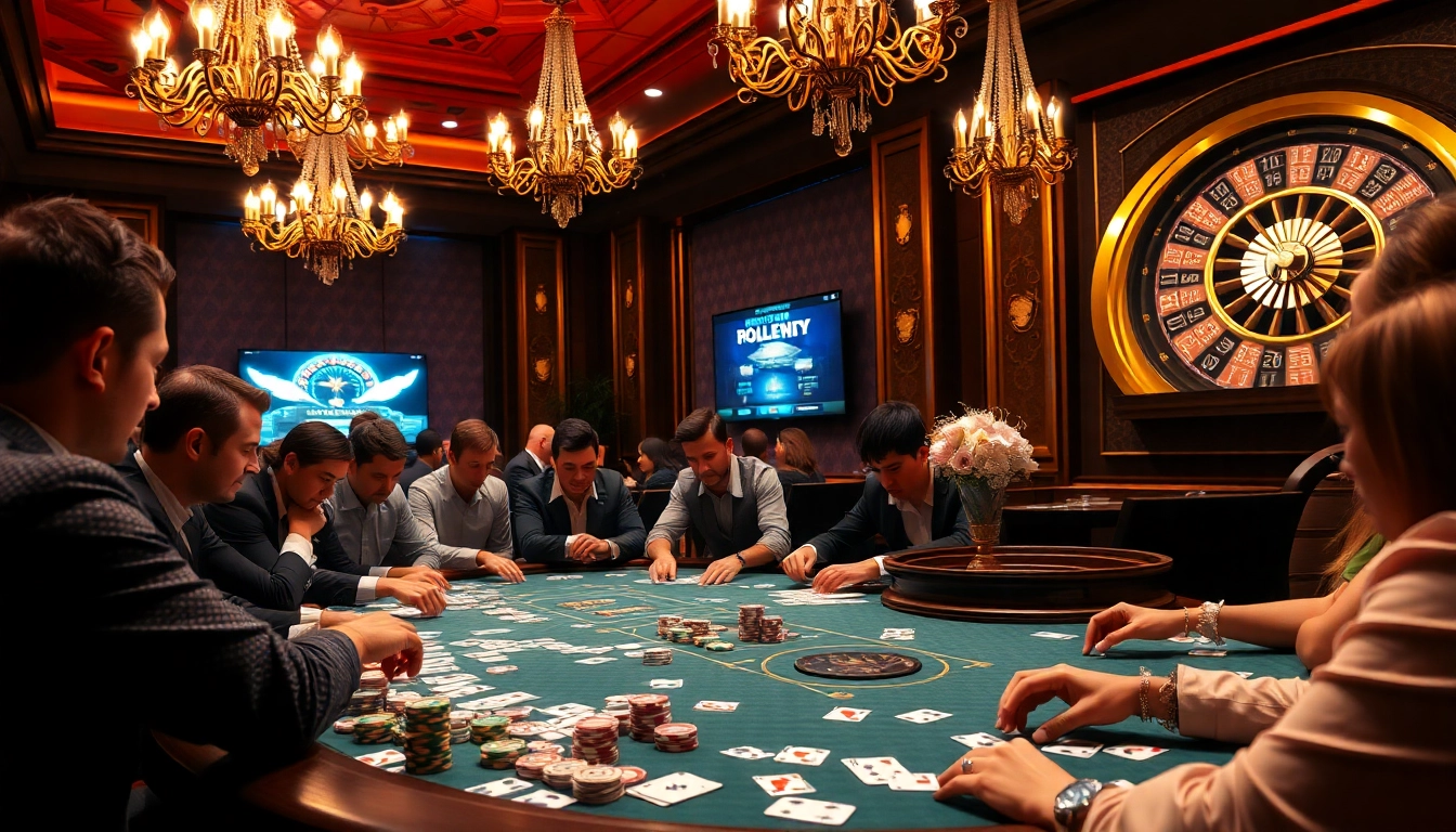 Players strategize at the poker table in a luxurious 77bet casino environment.
