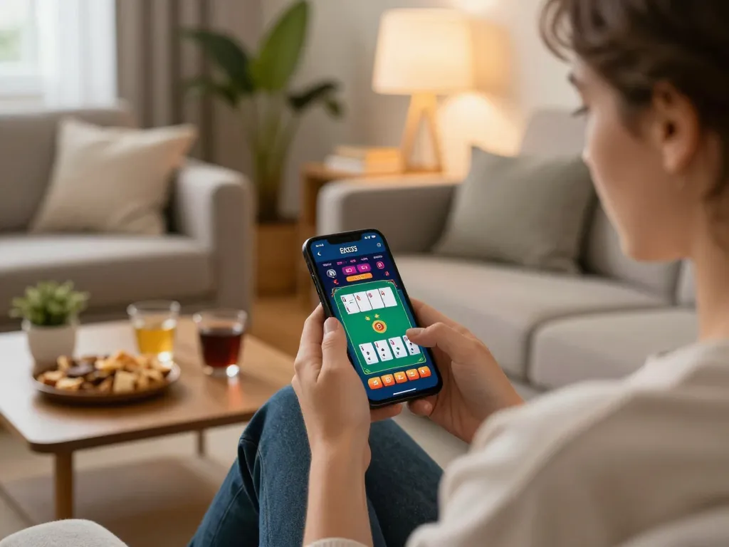 Engaged player using EK333 app for online casino poker in a cozy home setting