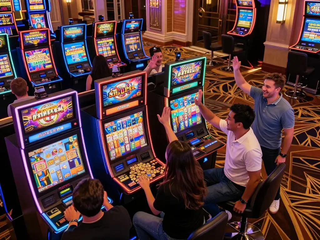 Nohu players joyfully celebrating wins at vibrant slot machines, showcasing the thrill of casino gaming