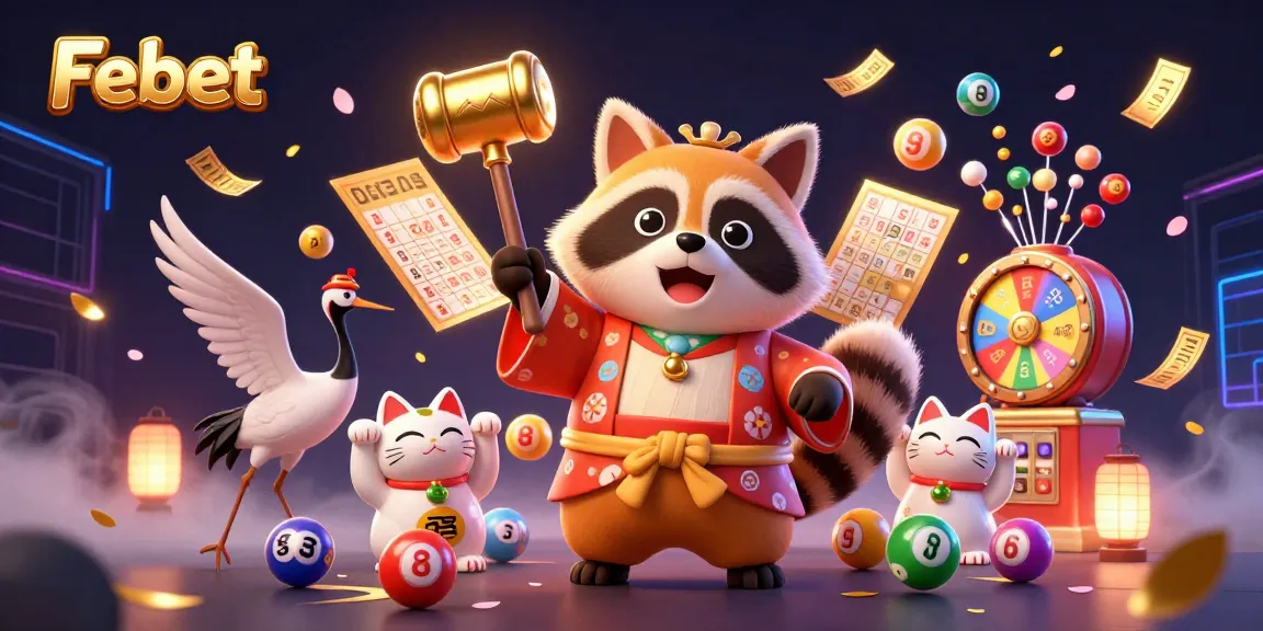 Engage in exciting lottery gaming with Febet, featuring colorful characters and vibrant elements.