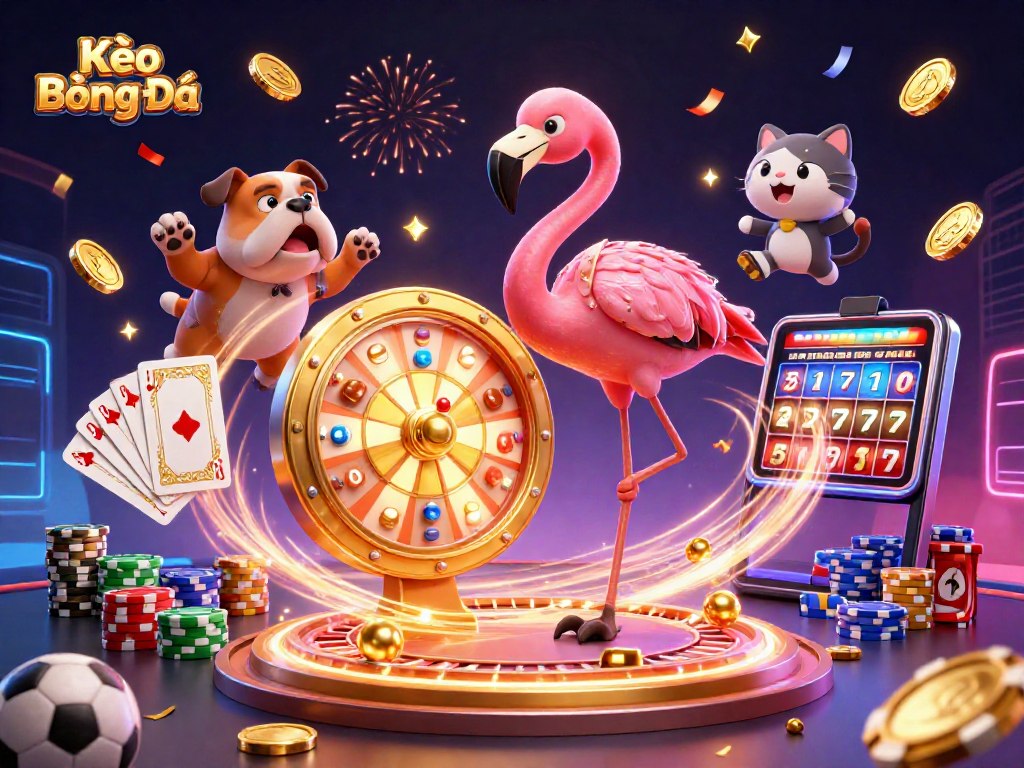 Kèo Bóng Đá shines in this exciting scene of a game show host flamingo with golden prizes amidst a dynamic casino setting