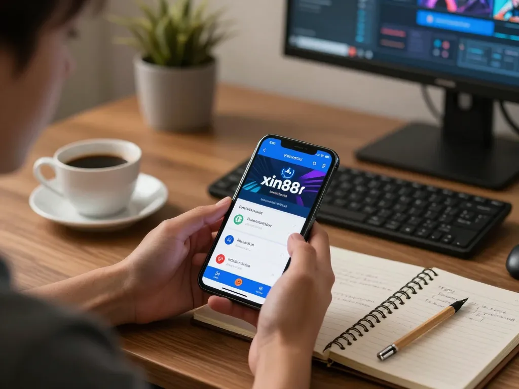 Player exploring the xin88 app on their smartphone in a cozy home office setting.