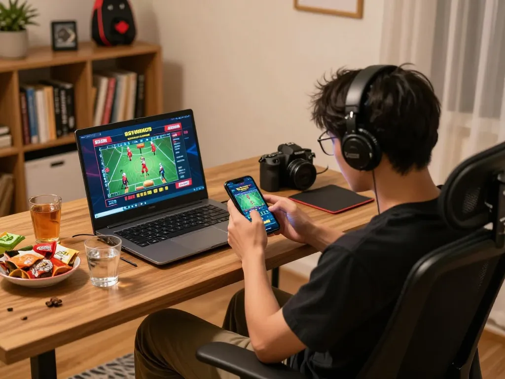 Excited player strategizing bets on 258bet app while enjoying a cozy home atmosphere