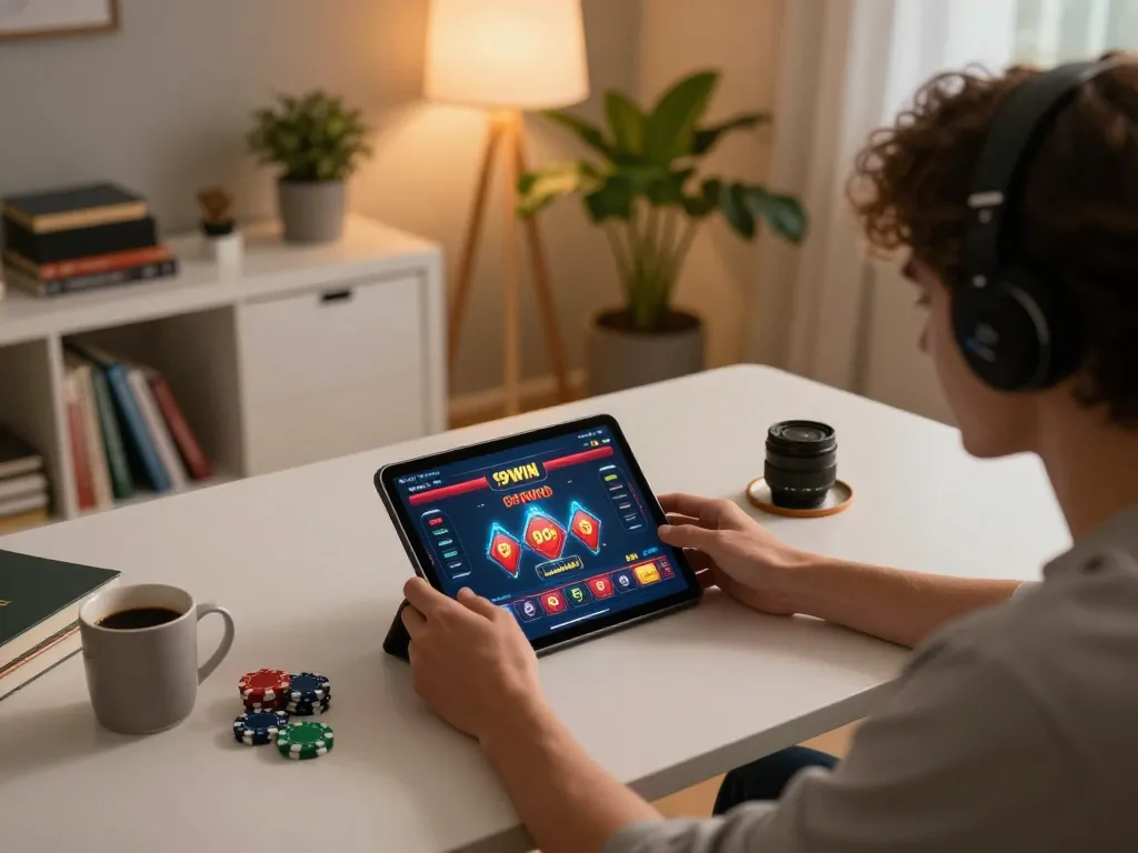 Engaging online gaming session at https://99win.actor/ with person focused on tablet, showcasing interactive casino experience.