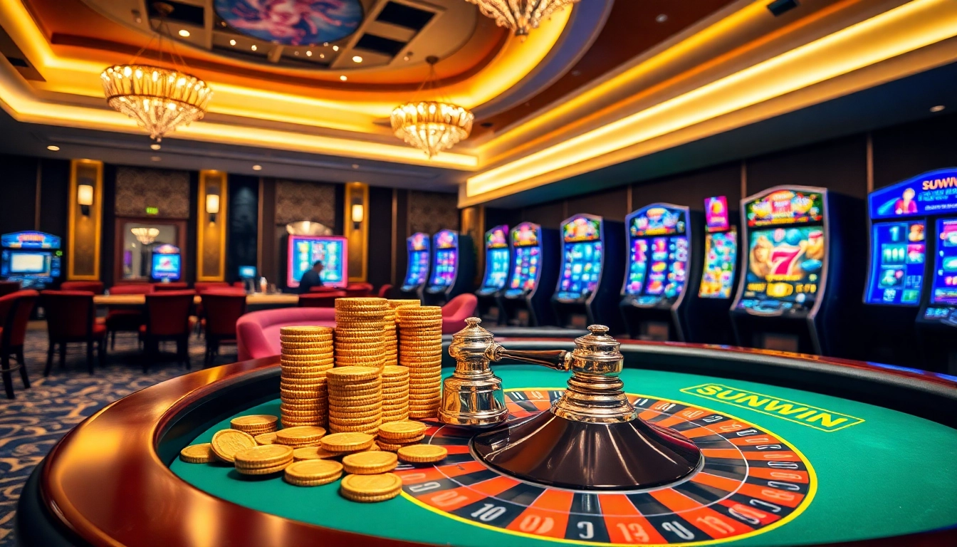 Sunwin gaming table with vibrant atmosphere and poker chips for an immersive casino experience.