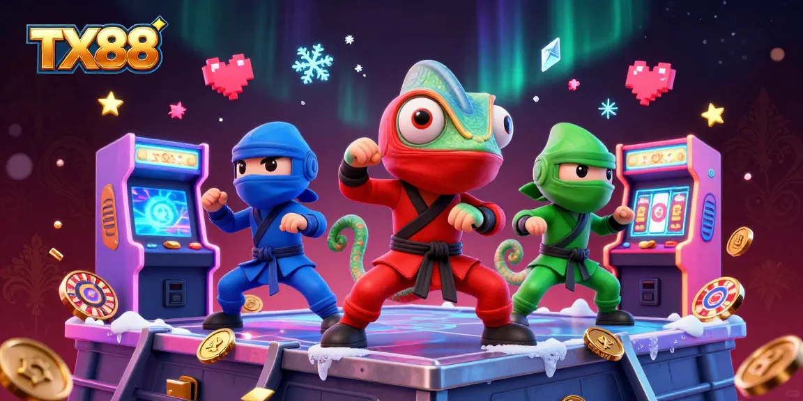 Engage in the thrilling atmosphere of TX88 with ninja chameleons and casino elements, showcasing vibrant gaming action.