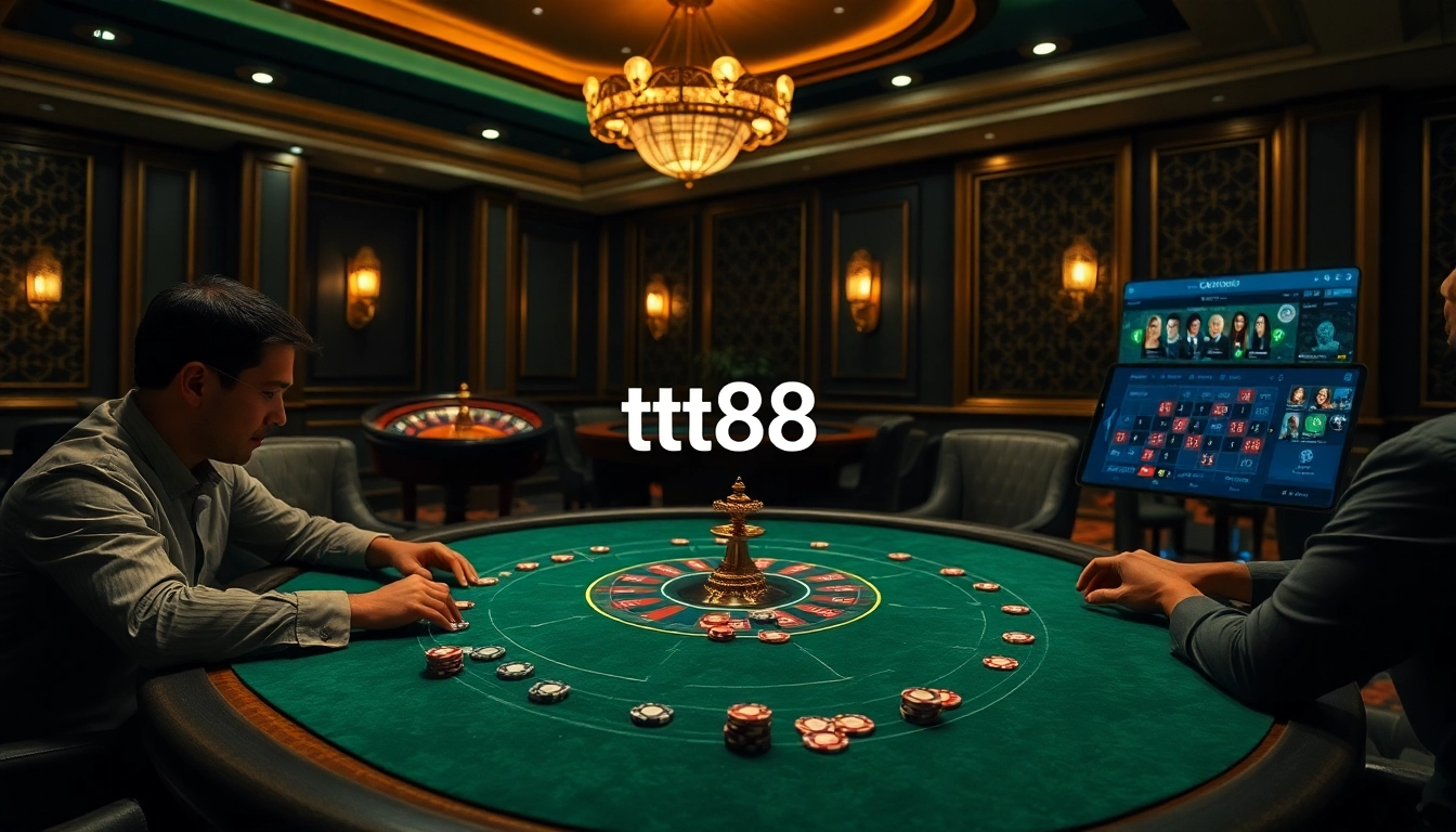 Play poker at the tt88 casino table with vibrant chips and an intense atmosphere.