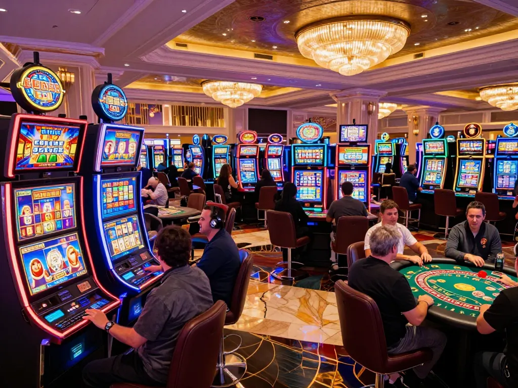 Players enjoy spinning vibrant slot machines at a Las Vegas casino, highlighting 5679 gaming excitement.
