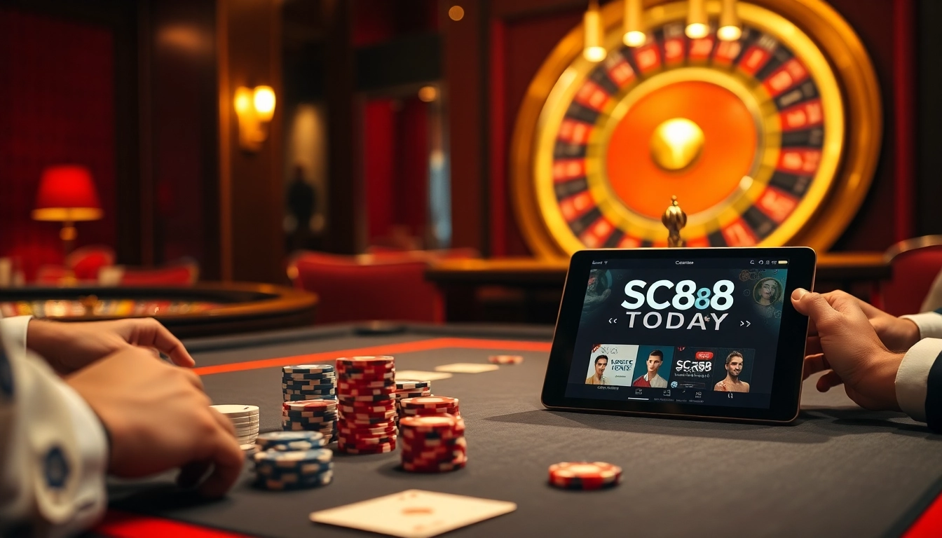 High-stakes poker scene illustrating dynamic gaming action at https://sc88.today/ with vibrant chips and cards.