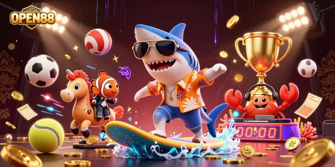Experience thrilling wins with OPEN88 as the shark surfs on gold coins amidst vibrant casino games.