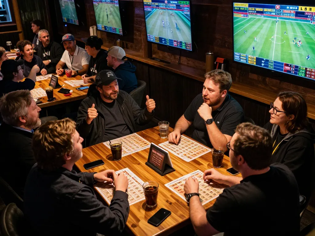Debet sports betting scene with fans engaging in live betting, showcasing excitement and interaction.