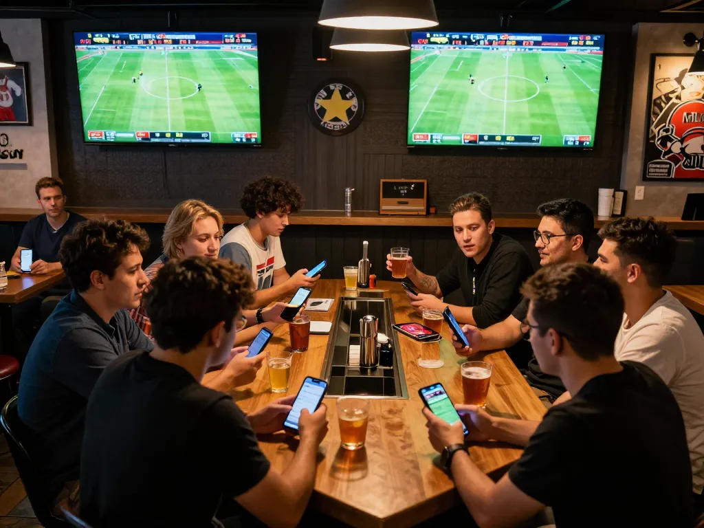 Betting on kết quả bóng đá in a lively sports bar, patrons engaging with their smartphones, vibrant atmosphere.