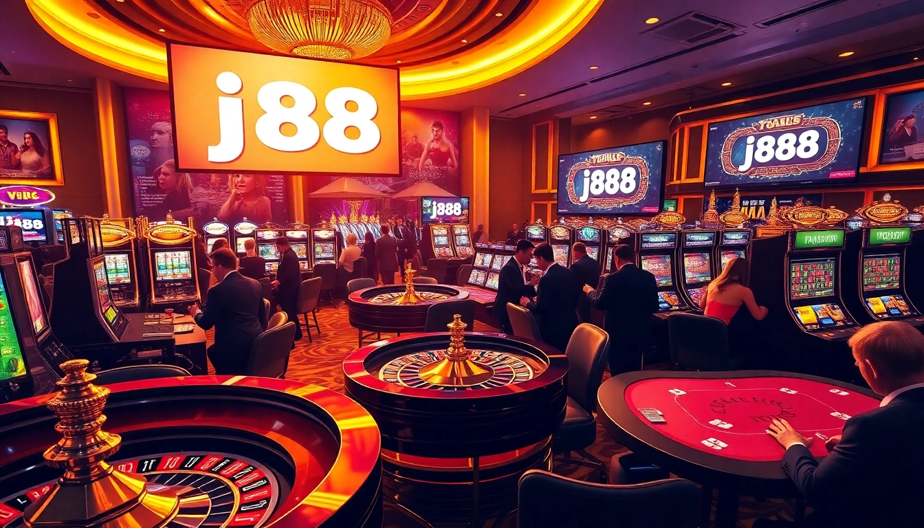 Engage in thrilling j88 casino gameplay at vibrant slot machines and roulette tables.