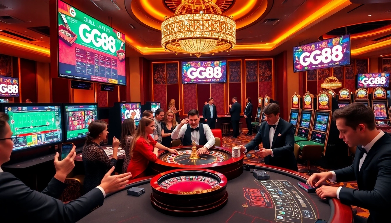 GG88 users engaging in thrilling gameplay at a luxurious casino with vibrant slot machines and roulette.
