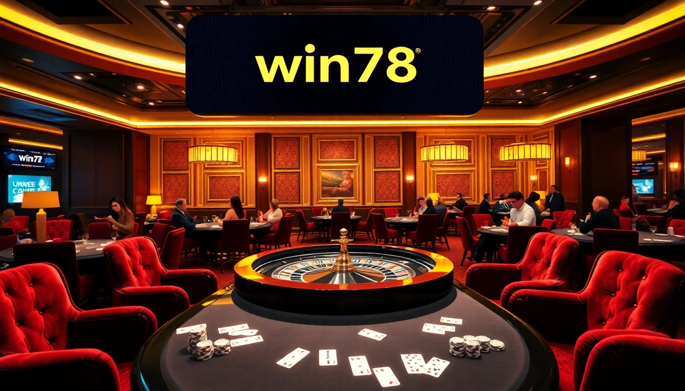 Win78 players enjoying high-stakes casino games with luxury decor and vibrant atmosphere.