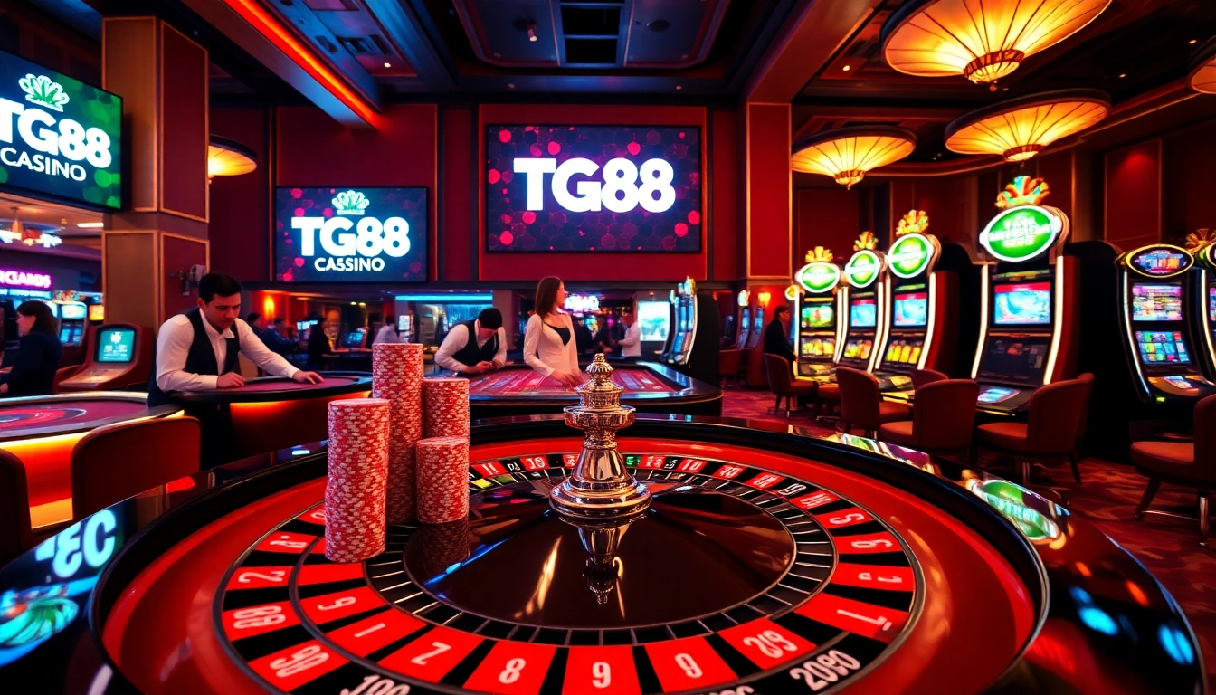 Engaging in thrilling games at TG88 casino with vibrant roulette table and professional croupiers.