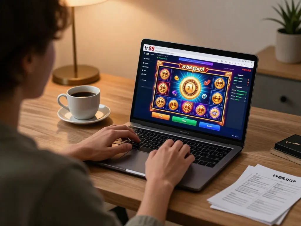 Engaging in online gambling at https://tr88.golf/, enjoying a vibrant slot game experience while sipping coffee
