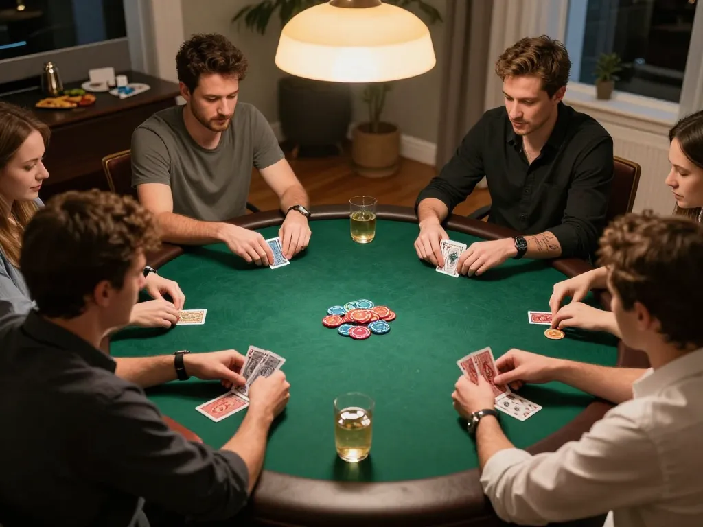 Players enjoying a dynamic poker game at home, featuring 8EEE atmosphere and engaging moments.