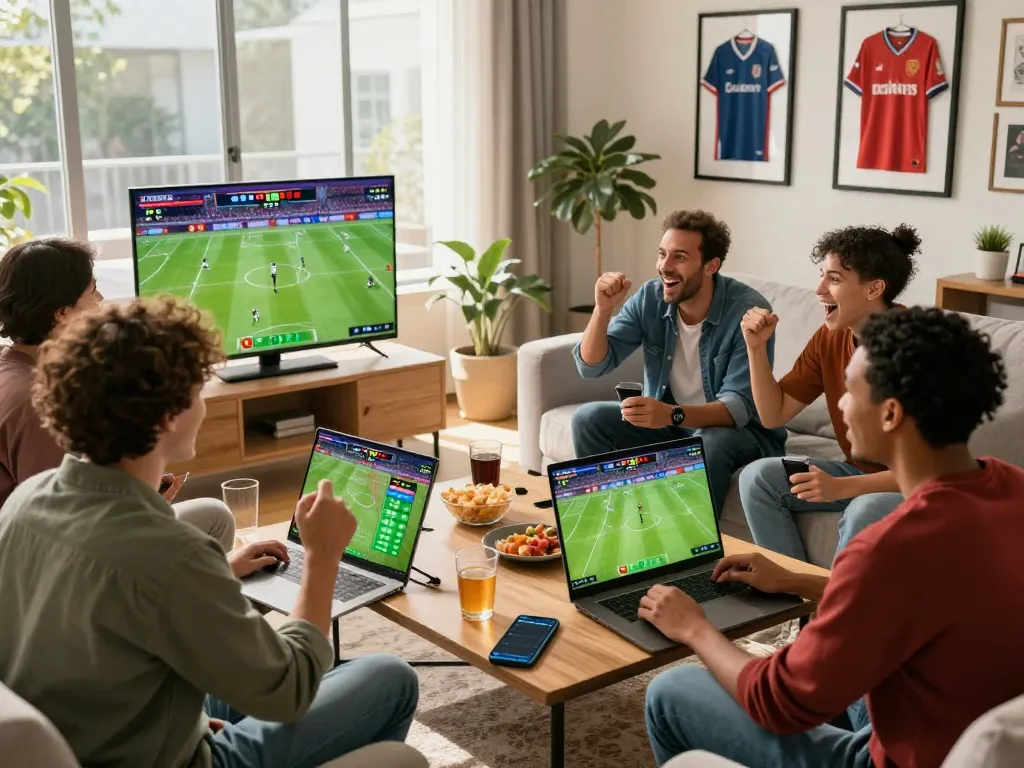 Group of friends enjoying trang cá cược bóng đá in a vibrant living room with live match screens and excitement.