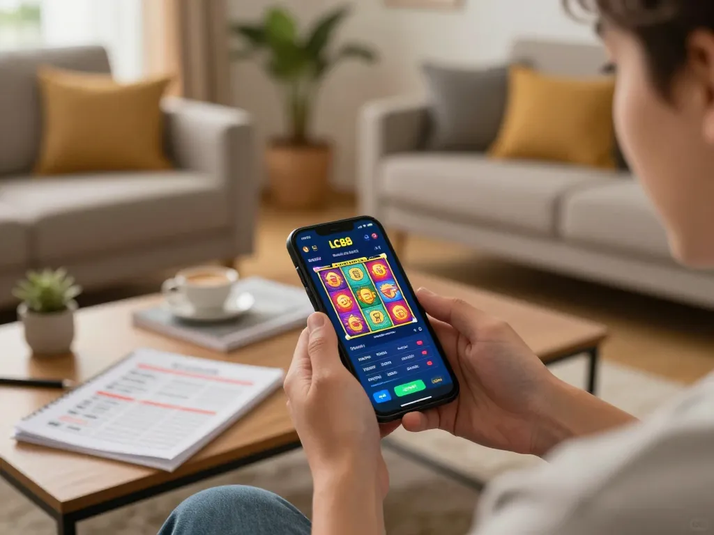 Player enjoying LC88 mobile slot game on smartphone in a cozy home environment.