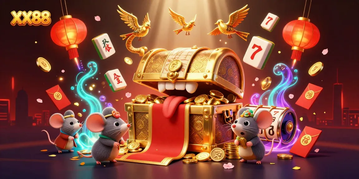 Engage in thrilling gameplay at XX88 with dynamic slot reels, treasure chests, and festive elements.