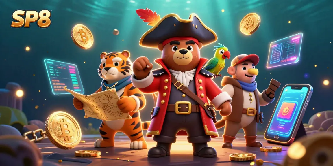 SP8 casino adventure with a bear captain, tiger, and parrot amidst exciting blockchain elements.