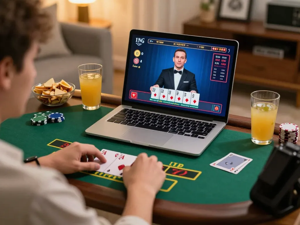 Playing live dealer blackjack at home via https://lu88.jpn.com/ in a cozy setting with snacks nearby