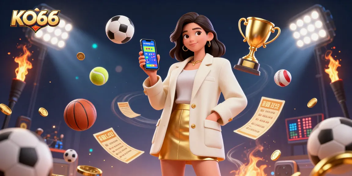 Bet on KO66 for thrilling sports gaming experiences with a lively Asian woman showcasing betting apps.