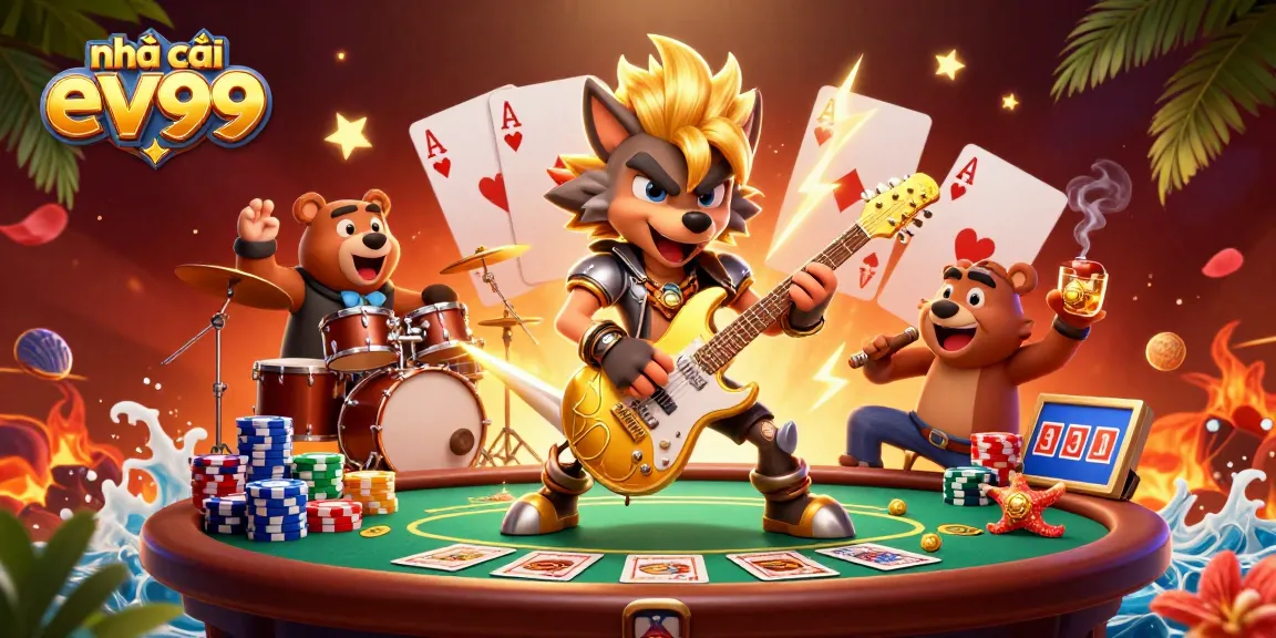 Experience excitement at nhà cái ev99 with a lively casino scene filled with action, poker chips, and vibrant characters.