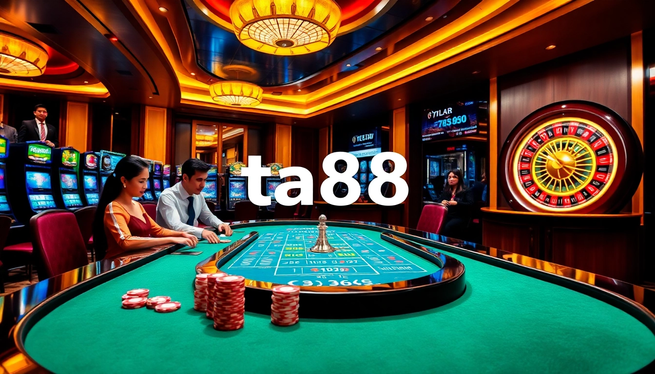 Exciting ta88 casino gaming scene featuring a roulette wheel and vibrant poker chips.