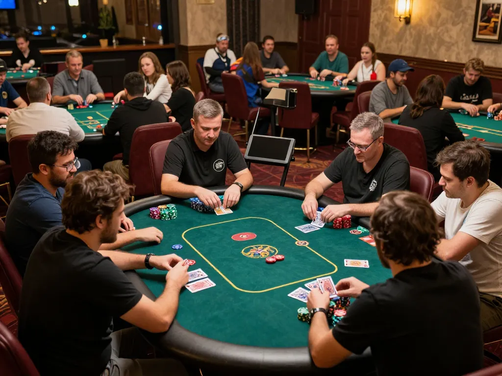 Players strategizing in an upscale poker room at 98win, showcasing vibrant gameplay with colorful chips and focused action.