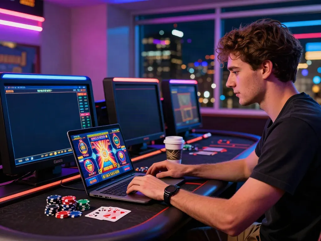Engaging scene of a young man playing at a vibrant online casino not on Gamstop, surrounded by gaming paraphernalia and neon lights.