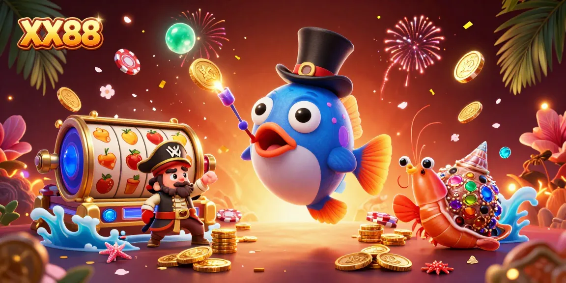 Engage with thrilling slots at XX88 as a sophisticated anglerfish attracts golden coins amidst dynamic casino elements.