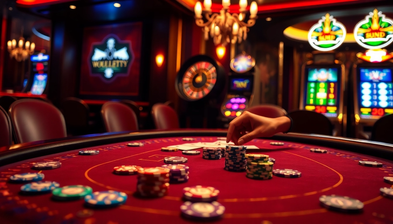 Experience thrilling gameplay at https://123win.to/ with vibrant casino scenes featuring poker chips and roulette wheels.