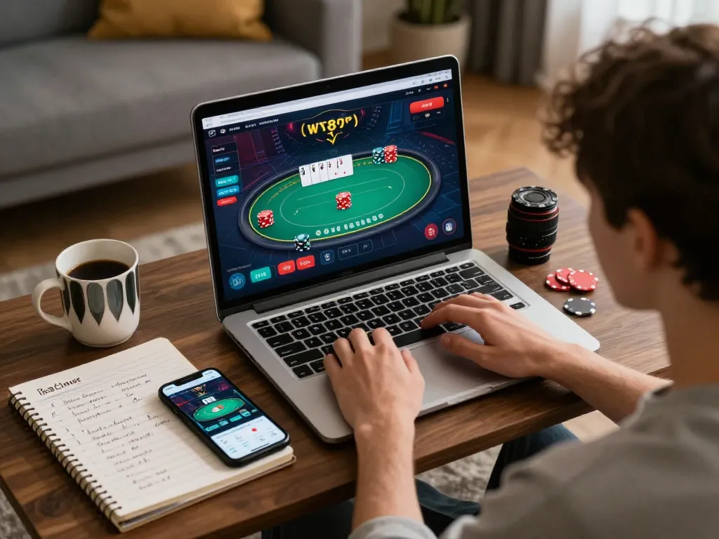 Player using hay88x online casino app on laptop at home, engaged in strategic gameplay.