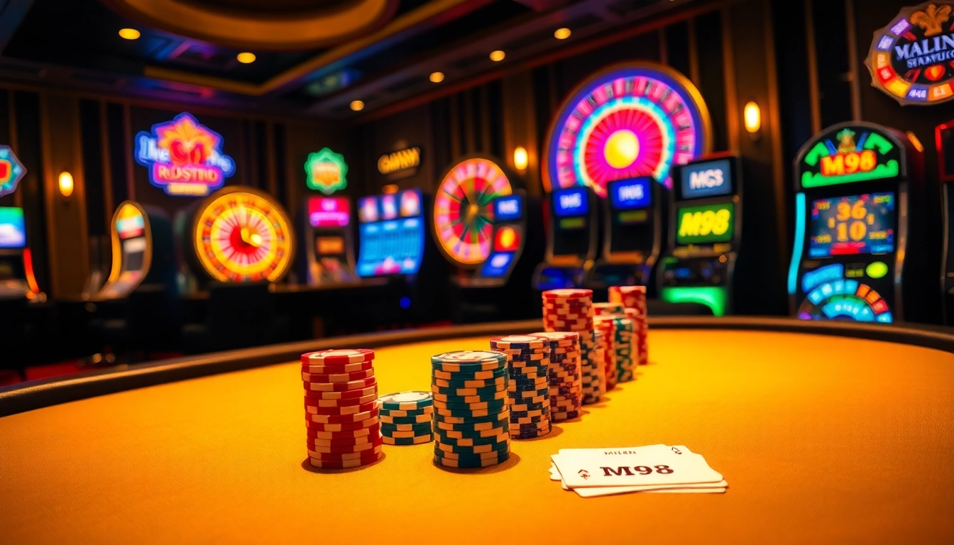 M98 high-stakes poker scene with vibrant chips and cards in an elegant casino atmosphere.