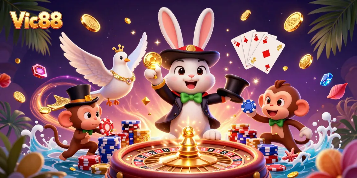 Vic88 showcases a magician rabbit and friends celebrating winnings with vibrant casino elements and rewards.