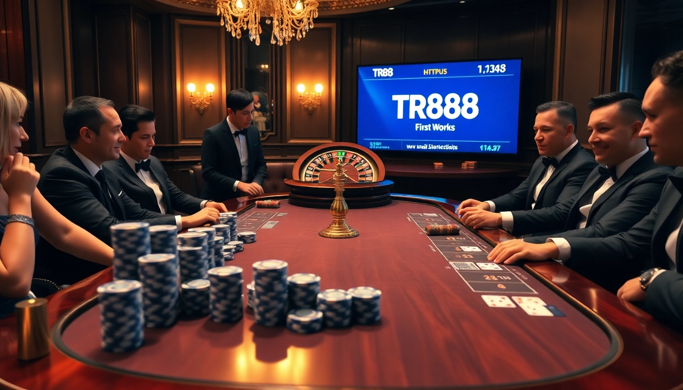 The excitement of gambling at https://tr88.work/ showcased with a poker table, chips, and a roulette wheel.
