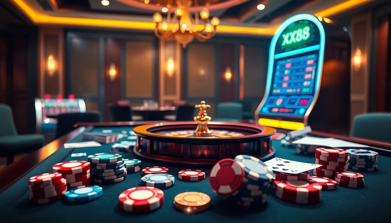 Experience the excitement of XX88 with a vibrant casino scene featuring poker cards and roulette chips.