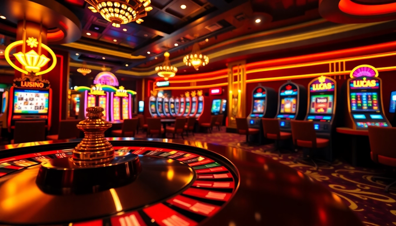LUCK8 casino scene featuring roulette, poker cards, and vibrant slot machines.