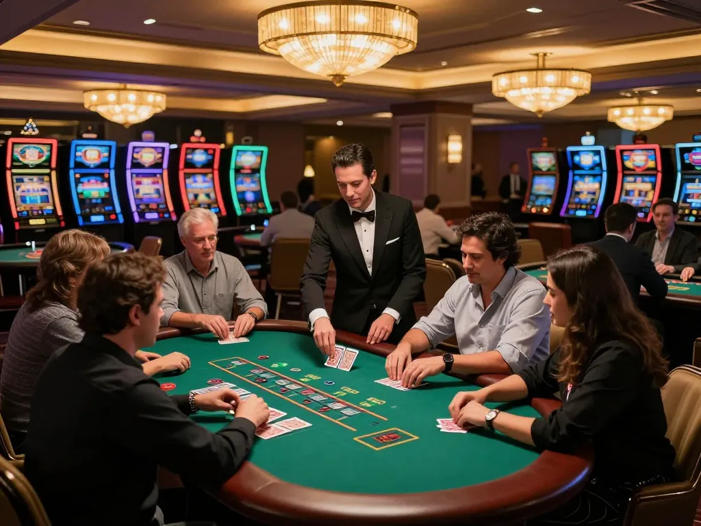 Players enjoying intense gameplay at a RR99 blackjack table in an upscale casino atmosphere